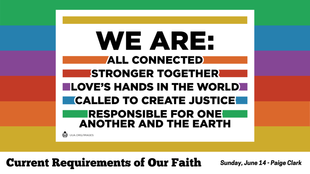 A multi-colored background with a statement from the Unitarian Universalist Association