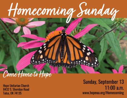 A monarch butterfly on a purple coneflower with text about the service